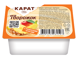 Продукт творожный Творожок терм. фрукт. с наполн. Тропические фрукты 9%, 100г, ванночка, Карат (16шт)