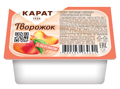 Продукт творожный Творожок терм. фрукт. с наполн. Персик 9%, 230г, ванночка, Карат (8шт)
