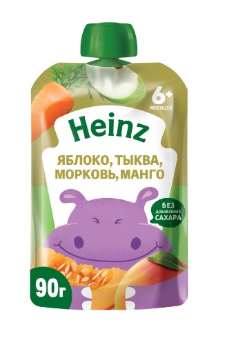 Пюре Наливное яблоко, тыква, морковь, манго, 90г, пауч, HEINZ (12шт)