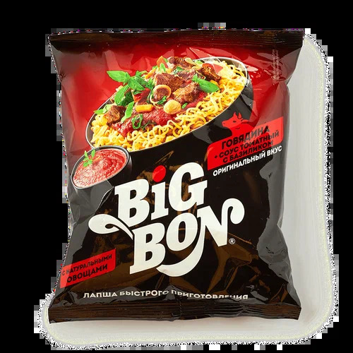 Лапша Говядина + соус Томатный с Базиликом, 75г, пачка, BIGBON (48шт)