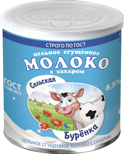 Молоко цельн. сгущ. с сах. 8,5%, 360 г 7Е+, Сельская Буренка