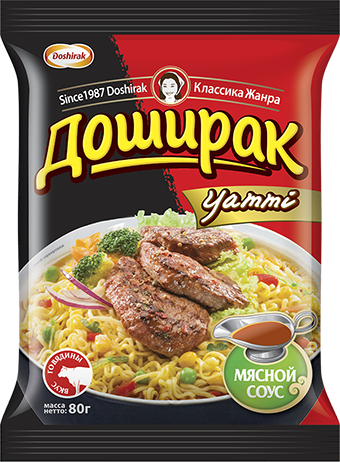 Лапша быстрого приготовления Yammi со вкусом говядины, 80г, пачка, Доширак (44шт)
