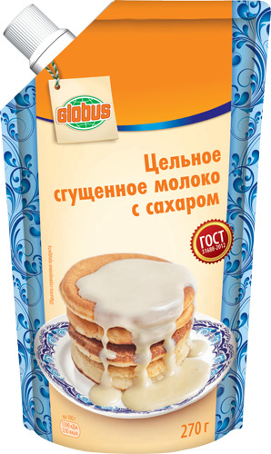 Молоко цельн. сгущ. с сах. 8,5%, 270 г дойпак+, GLOBUS