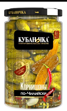 Огурчики корнишоны маринов. По-Чилийски, 680г, ст/б, Кубаночка (8шт)