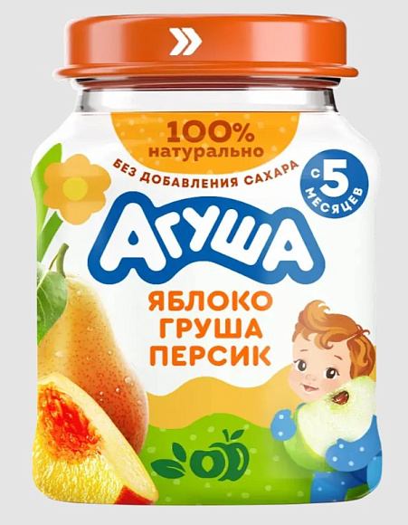 Пюре фрукт. Яблоко, Груша, Персик, 100г, ст. банка, Агуша (12шт)