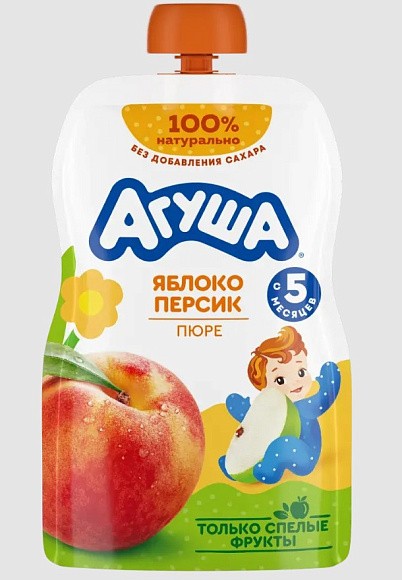 Пюре фрукт. Яблоко, Персик, 90г, дой-пак, Агуша (10шт)