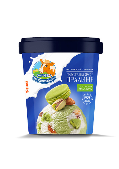 Мороженое пломбир минд. и фисташк. с КУСОЧ. ПЕЧ. МАКАРОН И МИНД. 15,0%, 300 г вед. бум., "Фисташк. пралине", КизК
