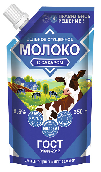 Молоко цельн. сгущ. с сах. 8,5%, 650 г дойпак+, Правильное Решение!