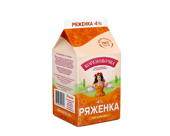 Ряженка 4,0%, 450 г пюрпак+, Кореновочка