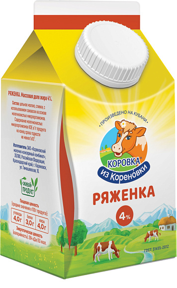 Ряженка 4,0%, 450 г пюрпак+, КизК