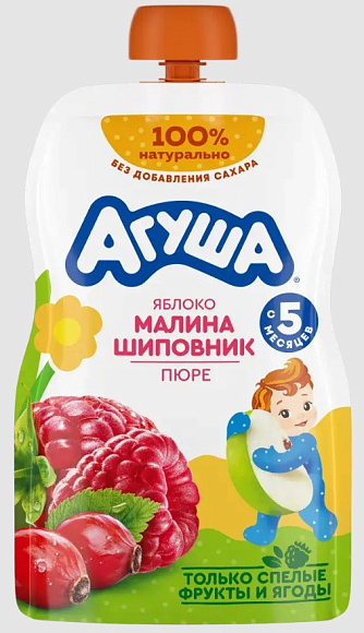 Пюре фрукт. Яблоко, Малина, Шиповник, 90г, дой-пак, Агуша (10шт)