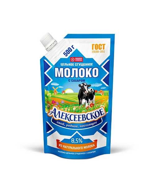 Молоко цельн. сгущ. с сах. 8,5%, 500 г дойпак+, Алексеевское