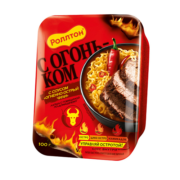Лапша с Говядиной По-Домашнему с соусом Огненно-острый Чили, 100г, лоток, Роллтон (24шт)