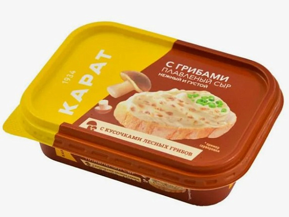 Сыр плавленый Сливочный с грибами, 45%, 200г, евроконтейнер, Карат (24шт)