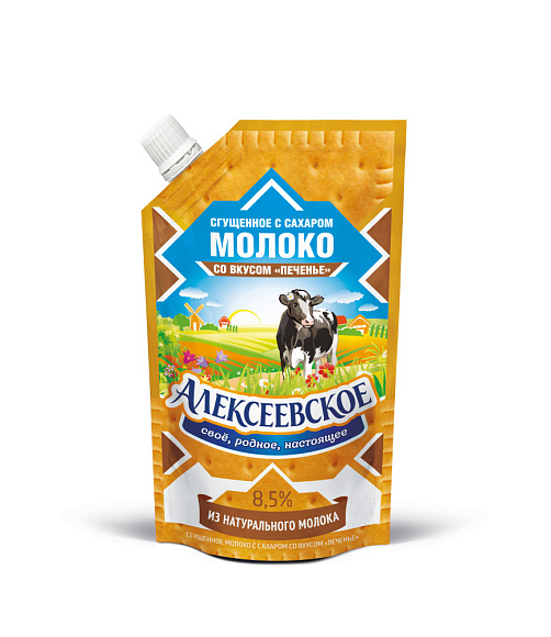 Молоко сгущ. с сах. со вкусом ПЕЧЕНЬЯ 8,5%, 270 г дойпак+, Алексеевское