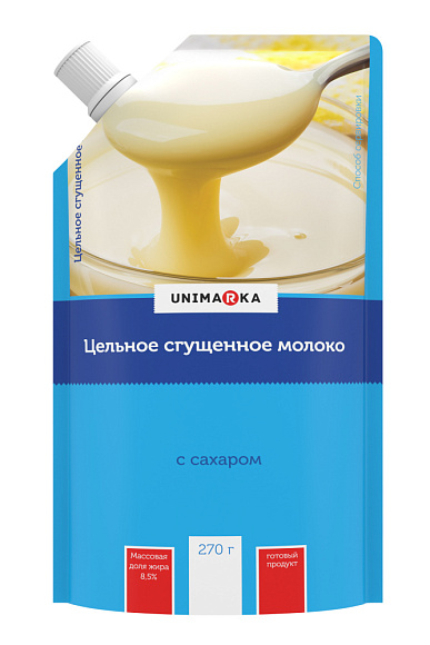 Молоко цельн. сгущ. с сах. 8,5%, [1056], 270 г дойпак+, UNIMARKA
