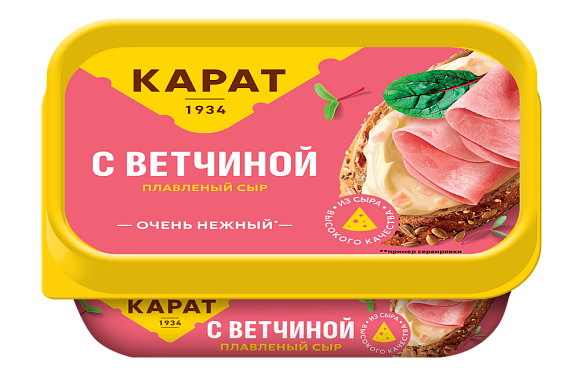 Сыр плавленый Сливочный с ветчиной, 45%, 400г, евроконтейнер, Карат (6шт)