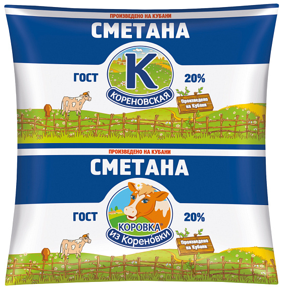 Сметана 20,0%, 400 г полипак, Кореновск.