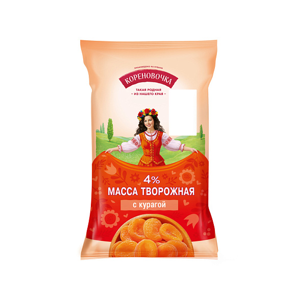 Масса творожн. с сах. С КУРАГОЙ 4,0%, 180 г флоупак, Кореновочка