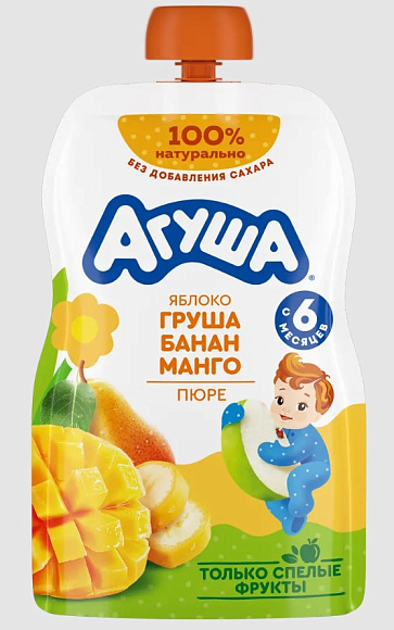 Пюре фрукт. Яблоко, Груша, Банан, Манго, 90г, дой-пак, Агуша (10шт)