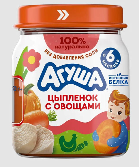 Пюре мясн. Цыпленок с овощами 2,6%, 100г, ст. банка, Агуша (12шт)