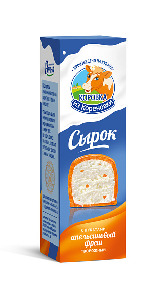 Сырок творожн. С ЦУКАТ. АП и вк. АП глазир. В БЕЛ. ШОК. с цвет. глаз. со вк. АП 23,0%, 40 г флоупак+, "Апельсиновый фреш", КизК